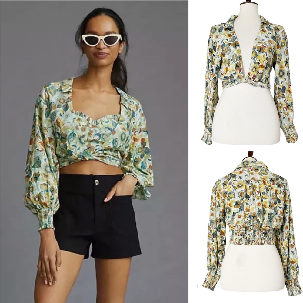 Anthropologie Twist Crop Top  Smocked Floral Printed Wrap Blouse